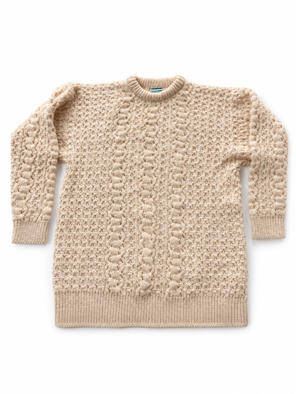 John Molloy Vintage Made in Ireland 100% New Wool Aran Cable Knit Cream Size L